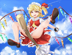 Rule 34 | 1girl, :d, ass, bare legs, blonde hair, blue sky, broom, broom riding, cloud, cloudy sky, commentary request, crystal, day, fang, flandre scarlet, flying, full body, hat, hat ribbon, highres, medium hair, mini-hakkero, mob cap, open mouth, panties, pantyshot, pink panties, puffy short sleeves, puffy sleeves, red eyes, red ribbon, red skirt, red vest, ribbon, role reversal, short sleeves, side ponytail, skirt, sky, smile, solo, theft, thighs, touhou, underwear, upskirt, vampire, vest, wings