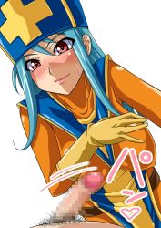 Rule 34 | 1girl, artist request, blue hair, blush, bodysuit, breasts, censored, chunsoft, clothed female nude male, cross, dragon quest, dragon quest iii, enix, erection, gloves, greek cross, hat, heart, large breasts, latex, latex gloves, light smile, looking at viewer, male pubic hair, mosaic censoring, motion lines, nude, penis, penis play, pov, priest (dq3), pubic hair, red eyes, simple background, skin tight, slapping, slapping penis, smile, square enix, sweatdrop, tabard, tagme, translated, white background, yellow gloves