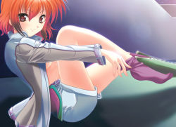 Rule 34 | 1girl, arm belt, banpresto, breasts, collar, hair between eyes, ibis douglas, jacket, leaning back, long sleeves, looking at viewer, no bra, open clothes, open jacket, red eyes, red socks, shade, shoes, short hair, shorts, single shoe, sitting, small breasts, smile, socks, solo, sunlight, super robot wars, underboob, undressing