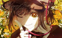 Rule 34 | 1girl, 25-ji nightcord de. (project sekai), absurdres, brown eyes, brown hair, dated, flower, gloves, happy birthday, hat, highres, jewelry, kika, looking at viewer, one eye closed, portrait, project sekai, ribbon, ring, shinonome ena, short hair, smile, solo, v