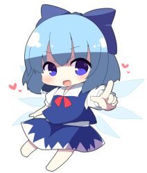 Rule 34 | 1girl, :d, barefoot, blue bow, blue eyes, blue hair, blue skirt, blue vest, blue wings, bow, chibi, cirno, commentary request, detached wings, full body, hair between eyes, hair bow, heart, highres, open mouth, pointing, pointing at viewer, puffy short sleeves, puffy sleeves, rensei, shirt, short sleeves, simple background, skirt, smile, solo, touhou, vest, white background, white shirt, wings