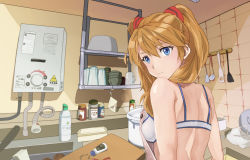Rule 34 | 1girl, apron, artist request, bare shoulders, blue eyes, blush, bra, brown hair, evangelion: 2.0 you can (not) advance, female focus, highres, kitchen, long hair, looking at viewer, looking back, neon genesis evangelion, rebuild of evangelion, shiny skin, shorts, smile, solo, souryuu asuka langley, sports bra, standing, twintails, two side up, underwear, upper body
