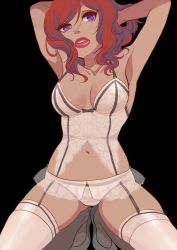 Rule 34 | 10s, 1girl, black background, breasts, bustier, cleavage, collarbone, garter belt, garter straps, hand in own hair, high heels, lingerie, lips, lipstick, looking at viewer, love live!, love live! school idol project, makeup, mikawa miso, navel, nishikino maki, panties, purple eyes, red hair, red lips, short hair, solo, squatting, thighhighs, underwear, underwear only, white panties