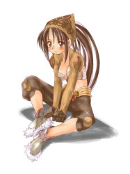 Rule 34 | 1girl, ankle boots, bandana, belt, boots, breasts, brown hair, buckle, cleavage, full body, green footwear, highres, indian style, looking at viewer, morii shizuki, ponytail, ragnarok online, shorts, simple background, sitting, skin tight, solo, spread legs, thief (ragnarok online), white background