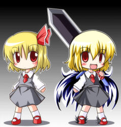 Rule 34 | 2girls, blonde hair, chibi, dual persona, embodiment of scarlet devil, empty eyes, ex-rumia, fang, female focus, full body, gradient background, grey background, hair ribbon, multiple girls, r pascal, red eyes, ribbon, rumia, short hair, standing, sword, touhou, weapon, wings