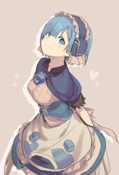 Rule 34 | 1girl, apron, arms behind back, back bow, black sleeves, blue capelet, blue corset, blue dress, bow, breasts, capelet, commentary request, corset, cosplay, dress, frilled apron, frilled sleeves, frills, grey background, heart, looking to the side, made in abyss, maid, maid apron, maid headdress, maruruk, maruruk (cosplay), medium breasts, morimori chikka, outline, pink bow, puffy short sleeves, puffy sleeves, re:zero kara hajimeru isekai seikatsu, rem (re:zero), short hair, short sleeves, simple background, smile, solo, whistle, white apron, white outline