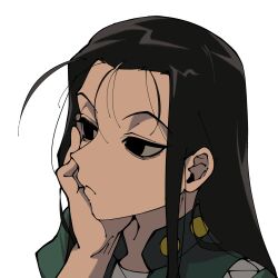 Rule 34 | 1boy, black eyes, black hair, commentary request, hand on own face, highres, hunter x hunter, illumi zoldyck, long hair, male focus, nazo meat, simple background, solo, upper body, white background