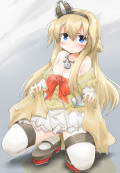 Rule 34 | 1girl, anbee (arary), bare shoulders, black footwear, blonde hair, blue eyes, blush, bow, braid, breasts, cameltoe, cleavage, clothes lift, crown, dress, dress lift, embarrassed, female focus, flower, french braid, full body, grey background, highres, jewelry, kantai collection, lifted by self, long hair, looking at viewer, medium breasts, mini crown, necklace, off shoulder, panties, peeing, peeing self, puddle, red bow, red flower, red rose, rose, shoes, simple background, smile, solo, spread legs, squatting, tears, thighhighs, underwear, warspite (kancolle), wet, wet clothes, wet panties, white panties, white thighhighs, yellow dress