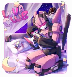 Rule 34 | 1girl, aoi rena, crescent, decepticon, holding, holding stuffed toy, looking down, lunaclub, mecha, night, night sky, on bed, pillow, pink eyes, robot, seiza, sitting, sky, solo, star (sky), star (symbol), starry sky, starscream, stuffed toy, transformers, visor
