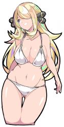 Rule 34 | 1girl, bare shoulders, bikini, blonde hair, breasts, cleavage, collarbone, creatures (company), cynthia (pokemon), elite four, enpe, game freak, gluteal fold, hair ornament, hair over one eye, highres, large breasts, long hair, looking to the side, navel, nintendo, o-ring, pokemon, pokemon dppt, purple eyes, simple background, smile, solo, swimsuit, thighs, white background, white bikini