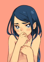 Rule 34 | 00s, 1girl, blue eyes, blue hair, blush, completely nude, covering privates, covering breasts, embarrassed, eyelashes, face, flat chest, long hair, matching hair/eyes, minazuki karen, nude, nude cover, precure, shy, solo, ukokkei, yes! precure 5