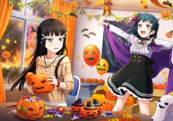 Rule 34 | 10s, 2girls, annoyed, artist request, balloon, black hair, blue hair, blunt bangs, blush, box, candy, cardboard box, chair, collarbone, curtains, food, ghost, green eyes, hair bun, halloween, hat, holding, indoors, jack-o&#039;-lantern, jewelry, kurosawa dia, lolita fashion, long hair, looking at another, love live!, love live! school idol festival, love live! sunshine!!, mole, mole under mouth, multiple girls, necklace, off shoulder, official art, open mouth, pendant, puffy sleeves, pumpkin, purple eyes, side bun, single hair bun, single side bun, skirt, smile, sunset, table, tree, tsushima yoshiko, window, witch hat