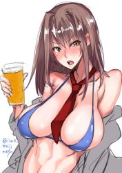Rule 34 | 1girl, alcohol, beer, bikini, blue bikini, blush, breasts, brown hair, drunk, covered erect nipples, highres, isao, large breasts, long hair, looking at viewer, necktie, simple background, sketch, solo, swimsuit, teeth, twitter username, white background, yellow eyes