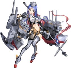 Rule 34 | 1girl, american flag, black gloves, blue hair, breasts, defeat, gloves, jacket, kantai collection, long hair, machinery, medium breasts, multicolored hair, navel, necktie, official art, red hair, rigging, rudder footwear, shorts, single thighhigh, south dakota (kancolle), staff, thighhighs, torn clothes, transparent background, turret, weapon, white hair, zeco