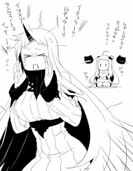 Rule 34 | 10s, 2girls, abyssal ship, admiral (kancolle), cat, greyscale, horns, hyuga zen, kantai collection, long hair, mittens, monochrome, multiple girls, non-human admiral (kancolle), northern ocean princess, open mouth, seaport princess, simple background, tears, translation request