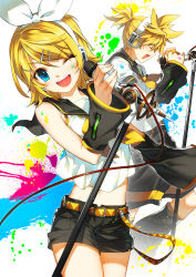 Rule 34 | 1boy, 1girl, ;d, blonde hair, blue eyes, blush, brother and sister, detached sleeves, closed eyes, hair ribbon, headphones, highres, kagamine len, kagamine rin, microphone, microphone stand, midriff, one eye closed, open mouth, paint splatter, paint stains, ress, ribbon, short shorts, shorts, siblings, smile, twins, vocaloid, wink