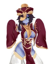 Rule 34 | 1girl, black hair, blue eyes, blue skin, breasts, caleana, cleavage, cleavage cutout, closed mouth, clothing cutout, colored skin, commentary, cowboy shot, detached sleeves, dress, expressionless, hair between eyes, harem pants, hat, highres, jiangshi, jiangshi (monster girl encyclopedia), large breasts, looking at viewer, medium bangs, medium hair, monster girl encyclopedia, monster girl encyclopedia ii, no bra, ofuda, one eye covered, pants, pelvic curtain, qingdai guanmao, red dress, red hat, red sleeves, revealing clothes, simple background, single sidelock, sleeveless, sleeveless dress, solo, talisman, undead, underboob, underboob cutout, white background, white pants