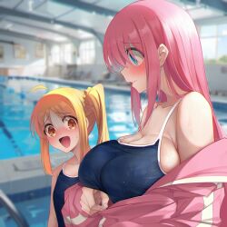 Rule 34 | 2girls, absurdres, ahoge, blonde hair, blue eyes, blue one-piece swimsuit, blurry, blurry background, blush, bocchi the rock!, breast envy, breasts, cleavage, competition swimsuit, depth of field, girl staring at guy&#039;s chest (meme), gotoh hitori, highres, ijichi nijika, indoors, inkspirate, jacket, lane line, large breasts, long hair, looking at breasts, meme, multiple girls, one-piece swimsuit, pink jacket, pool, side ponytail, small breasts, swimsuit, turn pale, wet