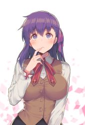 Rule 34 | 1girl, bad id, bad pixiv id, blush, bow, breasts, fate/stay night, fate (series), female focus, g.t, hair ribbon, homurahara academy school uniform, large breasts, long hair, long sleeves, matou sakura, purple eyes, purple hair, ribbon, school uniform, simple background, solo, upper body, vest