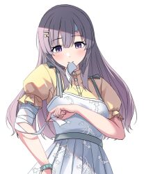 Rule 34 | 1girl, applying bandages, bandages, blue eyes, blush, buttons, cowboy shot, dress, gauze, grey hair, hair down, hair ornament, hairclip, hashtag-only commentary, idolmaster, idolmaster shiny colors, jtangc, long hair, official alternate costume, official alternate hairstyle, shirt, solo, watch, white background, white dress, wristwatch, yellow shirt, yukoku kiriko