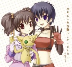 Rule 34 | 00s, 2girls, anise tatlin, black eyes, black hair, brown eyes, brown hair, collar, creature, gloves, happy, japanese text, looking at viewer, lowres, midriff, multiple girls, purple eyes, rutee katrea, smile, stuffed animal, stuffed toy, tales of (series), tales of destiny, tales of the abyss, text focus, tokunaga (tales), translation request, twintails, waving