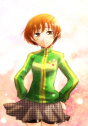Rule 34 | 1girl, atlus, brown eyes, brown hair, female focus, hands on own hips, houndstooth, houndstooth skirt, jacket, lapel pin, persona, persona 4, pin, satonaka chie, segami daisuke, short hair, skirt, smile, solo, tomboy, track jacket