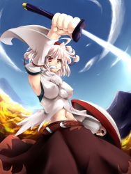 Rule 34 | 1girl, animal ears, bare shoulders, clenched teeth, cloud, day, detached sleeves, female focus, gin kagami, hat, highres, impossible clothes, impossible shirt, inubashiri momiji, navel, red eyes, shield, shiromiza kana, shirt, short hair, silver hair, skirt, sky, solo, sword, teeth, tokin hat, touhou, weapon, wolf ears