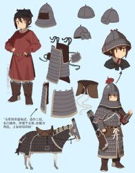 Rule 34 | 1girl, armor, barding, black hair, blue background, chinese armor, chinese clothes, chinese empire, chinese text, fangdan runiu, futou, hanfu, helmet, horse, how to, jitome, lamellar armor, original, quiver, song dynasty, tassel