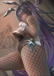 Rule 34 | 1girl, absurdres, animal ears, bare shoulders, black hair, black leotard, blue archive, blush, breasts, dark-skinned female, dark skin, detached collar, fake animal ears, fishnet pantyhose, fishnets, gloves, halo, highleg, highleg leotard, highres, karin (blue archive), karin (bunny) (blue archive), large breasts, leotard, long hair, looking at viewer, nanaken nana, pantyhose, playboy bunny, ponytail, rabbit ears, sidelocks, solo, thighs, white gloves, yellow eyes