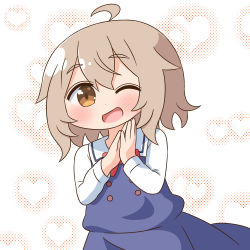 Rule 34 | 1girl, ;d, ahoge, blue dress, blush, bow, brown eyes, brown hair, commentary request, dress, hair between eyes, hana kazari, hands up, heart, heart background, highres, konomori kanon, long hair, long sleeves, looking at viewer, one eye closed, open mouth, own hands together, palms together, red bow, sailor collar, sailor dress, shirt, sleeveless, sleeveless dress, smile, solo, thick eyebrows, watashi ni tenshi ga maiorita!, white sailor collar, white shirt