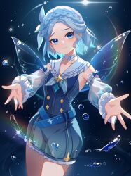 Rule 34 | 1girl, absurdres, belt, blue belt, blue eyes, blue hair, blush, bubble, chinese commentary, choker, commentary request, detached sleeves, frilled sailor collar, frills, genshin impact, highres, huang tie lin, idyia (genshin impact), liquid wings, sailor collar, short hair, smile, solo, white choker, white sailor collar, white sleeves, wings
