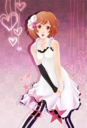 Rule 34 | 1girl, bad id, bad pixiv id, brown eyes, brown hair, don&#039;t say &quot;lazy&quot;, dress, elbow gloves, female focus, fingerless gloves, gloves, hair ornament, hirasawa yui, k-on!, looking at viewer, nobody studios, pantyhose, patterned legwear, single glove, smile, solo, standing, striped clothes, striped pantyhose, vertical-striped clothes, vertical-striped pantyhose, white dress