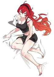 Rule 34 | 1girl, ahoge, arm support, bare legs, barefoot, bed sheet, black headband, black shorts, black tank top, breasts, eris greyrat, from above, headband, highres, large breasts, long hair, looking to the side, mushoku tensei, navel, aged up, red eyes, red hair, shorts, single bare shoulder, solo, strap slip, tank top, tidastdayo, very long hair, white background