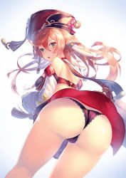Rule 34 | 1girl, antlers, artist request, ass, bare shoulders, black panties, blush, breasts, cameltoe, chinese clothes, clothes lift, detached sleeves, from behind, from below, genshin impact, gradient hair, green eyes, half-closed eyes, hat, horns, huge ass, leaning, leaning forward, long hair, looking at viewer, medium breasts, multicolored hair, open mouth, panties, pink hair, shiny clothes, shiny skin, sideboob, skirt, solo, thong, underwear, white hair, yanfei (genshin impact)