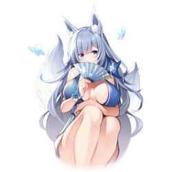 Rule 34 | 1girl, animal ear fluff, animal ears, azur lane, bare shoulders, blue dress, blue eyes, blunt bangs, blush, breast hold, breasts, breasts apart, bug, butterfly, covering own mouth, dress, flower, folding fan, fox ears, fox girl, fox tail, hair ornament, halter dress, halterneck, hand fan, insect, kitsune, knees up, large breasts, large tail, legs together, long hair, looking at viewer, multiple tails, nekomu, shinano (azur lane), shinano (dreams of the hazy moon) (azur lane), shy, silver hair, sitting, sleeveless, sleeveless dress, solo, tail, very long hair, white background
