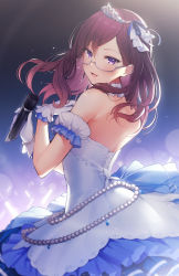 Rule 34 | 1girl, bare shoulders, bead bracelet, beads, blue dress, blue ribbon, blush, bracelet, brown hair, commentary request, dress, frilled dress, frills, from side, glasses, gloves, hair ornament, hair ribbon, highres, holding, idolmaster, idolmaster cinderella girls, jewelry, juugonichi (wheeliex2), long hair, looking at viewer, looking back, open mouth, purple eyes, ribbon, semi-rimless eyewear, short sleeves, shoulder blades, smile, solo, starry sky bright (idolmaster), tiara, white dress, white gloves, yagami makino