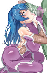 Rule 34 | 1boy, 1girl, absurdres, ass, blue hair, bodysuit, breasts, censored, colored skin, erection, fellatio, green skin, heart, heart-shaped pupils, hetero, highres, huge ass, igawa asagi, kneeling, large breasts, licking, licking penis, looking at another, mosaic censoring, oral, orc, parapetto, penis, saliva, skin tight, symbol-shaped pupils, taimanin (series), taimanin asagi, testicles, tongue, tongue out