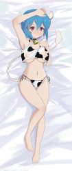 Rule 34 | 1girl, animal print, arm above head, armpits, artist request, bed, bell, blue hair, blush, breasts, closed mouth, collar, covered erect nipples, cow girl, cow horns, cow print, cow tail, highres, horns, jashin-chan dropkick, large breasts, looking at viewer, lying, minos (jashin-chan dropkick), navel, neck bell, nipples, on back, on bed, one eye closed, panties, red eyes, see-through, short hair, side-tie panties, solo, source request, tail, teeth, underboob, underwear, underwear only