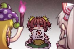 Rule 34 | 3girls, apron, bell, blonde hair, blurry, blurry foreground, bow, checkered clothes, checkered kimono, clownpiece, commentary, empty eyes, fujiwara no mokou, gradient background, green skirt, hair bell, hair bow, hair ornament, hat, holding, holding sign, holding torch, japanese clothes, jester cap, juliet sleeves, kimono, long sleeves, looking at another, motoori kosuzu, multiple girls, one-hour drawing challenge, open mouth, polka dot, polka dot headwear, puffy sleeves, purple headwear, red eyes, red hair, shaded face, shaking, short sleeves, sign, skirt, standing, sweat, torch, touhou, twintails, unime seaflower, white bow, white hair, wide sleeves, yellow apron