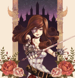 Rule 34 | 00s, 1girl, armor, avallone, bad id, bad pixiv id, beatrix, belt, breasts, brown hair, castle, cleavage, drill hair, eyepatch, final fantasy, final fantasy ix, fingerless gloves, flower, framed, gloves, long hair, medium breasts, nail polish, night, night sky, open mouth, out of frame, outstretched arm, pantyhose, pillar, rose, silhouette, sky, sleeveless, solo, star (sky), starry sky, sword, weapon, wings