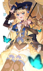 Rule 34 | 1girl, :d, absurdres, black headwear, blonde hair, blue eyes, bow, breasts, bug, butterfly, commentary request, detached sleeves, dress, eyewear on head, genshin impact, highres, holding, holding umbrella, insect, long hair, looking at viewer, navia (genshin impact), open mouth, shotgunman, small breasts, smile, solo, standing, sunglasses, thighhighs, thighs, umbrella, very long hair, yellow bow, zettai ryouiki