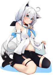 Rule 34 | 1girl, ahoge, animal ear fluff, animal ears, bare shoulders, black footwear, black shorts, black thighhighs, blue neckwear, blush, boots, breasts, closed mouth, colored shadow, commentary request, detached sleeves, fox ears, fox girl, fox tail, full body, green eyes, hair between eyes, hololive, long hair, long sleeves, looking at viewer, low twintails, medium breasts, minato yu, navel, shadow, shirakami fubuki, shirakami fubuki (1st costume), shorts, sitting, skindentation, sleeves past wrists, solo, sweat, tail, thighhighs, twintails, very long hair, virtual youtuber, wariza, white background, white hair, white sleeves