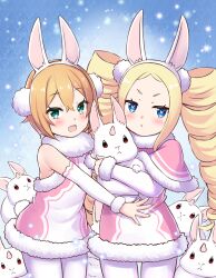 2girls :&lt; :d animal animal_ears armpit_crease bare_shoulders beatrice_(re:zero) blonde_hair blue_background blue_eyes blush butterfly-shaped_pupils capelet closed_mouth cowboy_shot detached_sleeves dress drill_hair eyelashes fake_animal_ears forehead fur-trimmed_capelet fur-trimmed_dress fur-trimmed_sleeves fur_collar fur_trim green_eyes hair_between_eyes hair_ornament hairband holding holding_animal holding_rabbit horns jitome long_hair long_sleeves looking_at_viewer multiple_girls open_mouth orange_hair outstretched_arm outstretched_hand pantyhose parted_bangs petra_leyte pink_capelet pink_dress pink_pupils pom_pom_(clothes) pom_pom_hair_ornament rabbit rabbit_ears re:zero_kara_hajimeru_isekai_seikatsu s_(hdru2332) short_dress short_eyebrows short_hair sidelocks sleeveless sleeveless_dress smile snow sparkle standing symbol-shaped_pupils teeth twin_drills upper_teeth_only v-shaped_eyebrows white_dress white_hairband white_pantyhose white_rabbit_(animal) white_sleeves