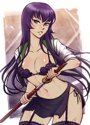Rule 34 | 1girl, adapted costume, black panties, blue eyes, bra, breasts, busujima saeko, cleavage, collarbone, contrapposto, cuts, garter straps, highschool of the dead, holding, holding sword, holding weapon, iahfy, injury, katana, lace, lace-trimmed bra, lace-trimmed legwear, lace trim, large breasts, lips, long hair, navel, panties, purple hair, scabbard, school uniform, serafuku, sheath, side-tie panties, side slit, narrow waist, solo, standing, stomach, sword, thighhighs, underwear, unsheathing, weapon
