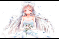 Rule 34 | 1girl, absurdres, backlighting, bad id, bad pixiv id, bare shoulders, blush, bouquet, bow, choker, collarbone, crying, dress, elbow gloves, flower, fujiwara no mokou, gloves, hair bow, hair ribbon, happy tears, highres, lace, lace gloves, letterboxed, long hair, ribbon, shiromoru (yozakura rety), smile, solo, strapless, strapless dress, tears, touhou, tress ribbon, very long hair, wedding dress, white dress, white gloves