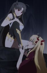 2girls armlet black_hair blonde_hair blush bow breasts cape crown earrings ereshkigal_(fate) fate/grand_order fate_(series) feet femdom foot_worship hair_bow hair_ornament hair_ribbon highres holding_another&#039;s_foot holding_leg hoop_earrings incest ishtar_(fate) jewelry kneeling legs licking licking_foot long_hair looking_at_another looking_down looking_up multiple_girls red_cape red_eyes red_ribbon ribbon siblings single_thighhigh sisters smile smirk soles strapless thighhighs thighs tiara toes tongue tongue_out tube_top twintails two_side_up yuri zerozeo-zerozero