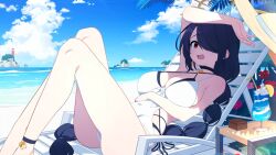 Rule 34 | 1girl, :o, arms under breasts, artist request, asymmetrical bangs, beach chair, bikini, black bikini, black choker, black hair, blue archive, blush, breasts, casual one-piece swimsuit, choker, cleavage, commentary, criss-cross halter, crossed arms, game cg, hair over one eye, halterneck, highres, hinata (blue archive), hinata (swimsuit) (blue archive), large breasts, long hair, looking at viewer, non-web source, official alternate costume, official art, one-piece swimsuit, one eye covered, red eyes, side-tie bikini bottom, sitting, solo, swimsuit, very long hair, white one-piece swimsuit