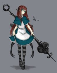 Rule 34 | 1girl, absurdres, apron, blue eyes, brown hair, capelet, fatuus, full body, hair ribbon, highres, lolita fashion, long hair, mary janes, non-web source, orphelia dupont, pantyhose, polearm, ribbon, shoes, solo, spear, striped clothes, striped legwear, striped pantyhose, weapon