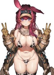 Rule 34 | 1girl, alternate costume, animal ears, animal print, arknights, bare shoulders, bikini, blush, breasts, brown gloves, brown jacket, cleavage, closed mouth, commentary request, cow print, cow print bikini, cow print thighhighs, ear down, gloves, hands up, highres, jacket, korean commentary, large breasts, long hair, looking at viewer, mwomwomwo, navel, off shoulder, open clothes, open jacket, print bikini, print thighhighs, purple eyes, rabbit ears, rabbit girl, ray (arknights), red hair, simple background, skindentation, solo, stomach, swimsuit, thigh gap, thighhighs, v, visor cap, w, white background