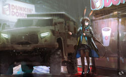 Rule 34 | 1girl, absurdres, ad, amiya (arknights), animal ears, arknights, black jacket, blue eyes, brown hair, building, car, city, cityscape, commentary request, expressionless, full body, hair between eyes, highres, holding, jacket, long hair, long sleeves, military truck, military vehicle, mo ne, motor vehicle, open clothes, open jacket, outdoors, pantyhose, ponytail, rabbit ears, shirt, sidelocks, skirt, solo, truck, vehicle focus